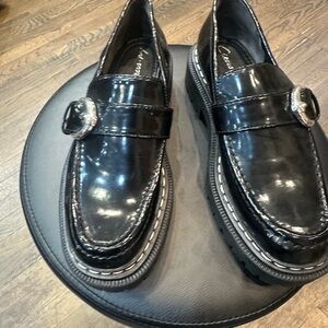 Circus by Sam Edelman Glossy Black Loafers with Silver Buckle